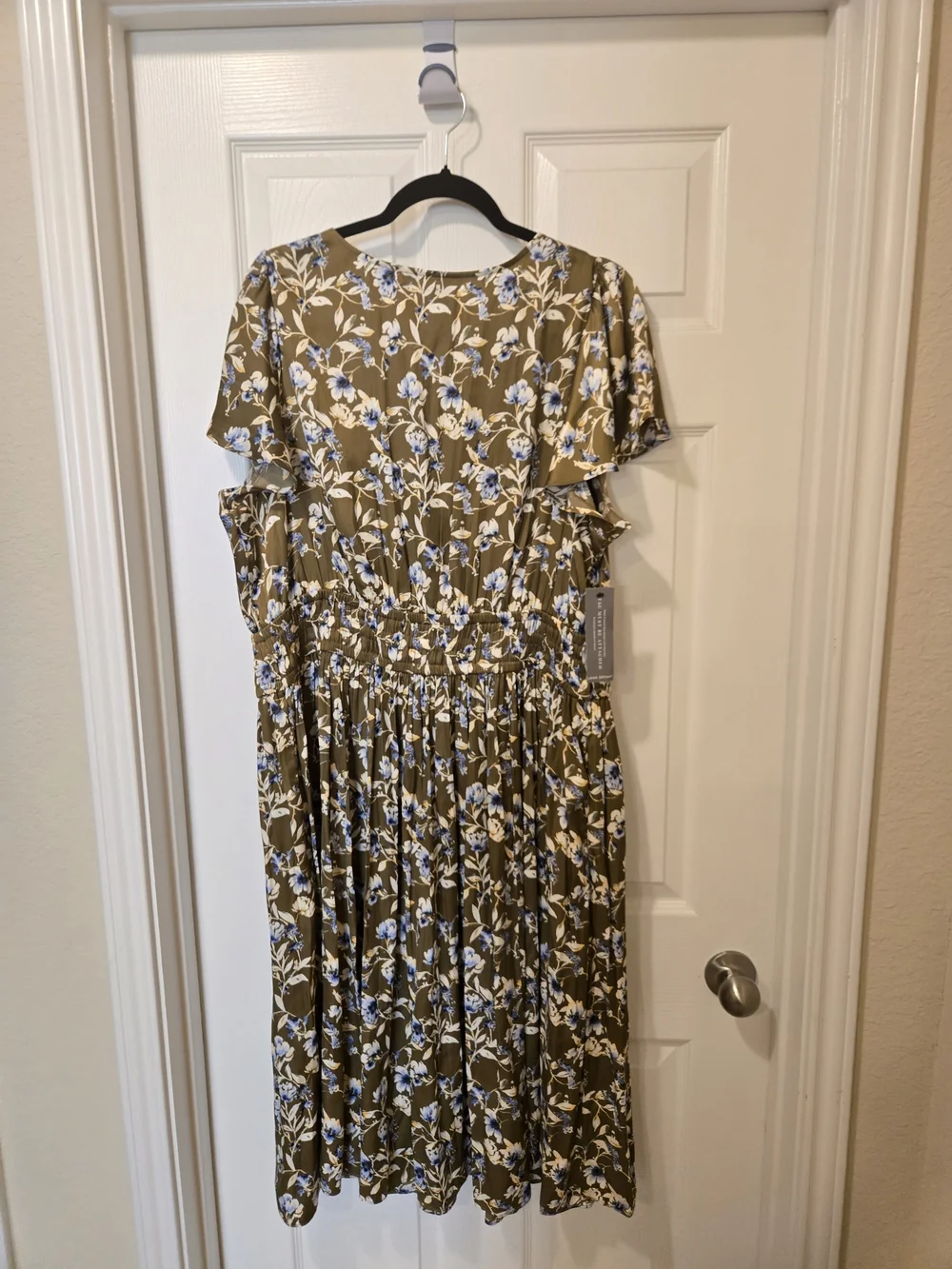 Lane Bryant Olive Green Midi Dress with Blue and White Floral Print